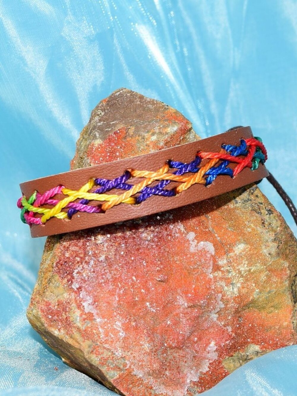 Caz Punch Cross Stitch Leather Bracelet Blue Purple Orange Mens Gift Boxed